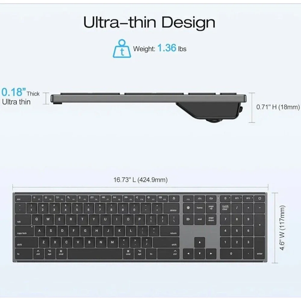 Wireless Keyboard for Mac Gray Forged Metal Frame 2.4G Dual Bluetooth Ultra Thin